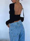 New Umbilly Babes Hollow Back Slim Thin Long-Sleeved T-Shirt