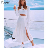 Sexy Fashion Crop Top Tops High Waist Long Split Skirts Two Piece Sets Khaki Summer Autumn Casual Skirts Sets Womens