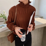 Spring New Pleated Women Shirts Fashion Office Lady Chiffon Blouse Women Stand Collar Flare Sleeve Solid Female Tops