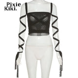 Black Mesh Lace Up Bandage Crop Top Fairy Grunge Aesthetic Clothes Cyber Y2k Mall Goth Tanks Sexy Clothing