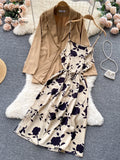 Autumn Women Floral Dress Suits Print Strap Dress+ Long Sleeves Loose Blazer Sets Office Lady Jackets Two Pieces