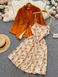 Autumn Vintage Women Two Piece Set Elegant Notched Collar Single Button Coat + Floral Spaghetti Strap Dress Suits 2Pcs