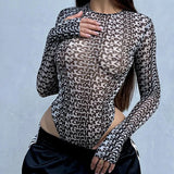Sexy Long Sleeve Tight Body With Trend Letter Printing Mesh Perspective Conjoined