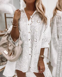 2021 new women's loose solid color hollow single-breasted long shirt
