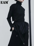 Women Black Hem Mesh Pleated Irregular Elegant T-shirt New Turtleneck Long Sleeve Fashion Tide Spring Autumn 2023
