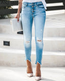 Women Jeans Casual Button Pocket Design Ripped Hole High Waist Denim