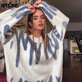 Aproms Elegant Green Striped Print Oversized Pullovers Women Winter O-Neck Loose Long Sweaters Streetwear Warm Outerwear
