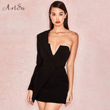 One Shoulder Sexy Backless Blazer Dress Women Deep V-Neck Zipper Fashion Party Club Wrap Mini Dresses Fall 2020