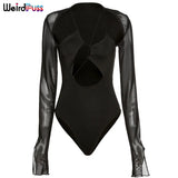Puss Women Sexy Mesh Patchwork Bodysuits Hollow Out Skinny Lace Long Sleeve Chic Spring Fashion Party Stretchy