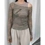 Irregular Skew Collar Fishnet Mesh Fairycore Tops Women Hollow Out Sexy Sun Protection Long Sleeve Retro Black