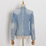 Denim Women's Jackets Stand Collar Long Sleeve Patchwork Bow Vintage Ruched Coats For Female 2023 Spring