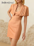 TWOTWINSTYLE Sweet Two Piece Set Womens Notched Collar Short Sleeve Tops V Neck Sleeveless High Waist Mini Dress Female Sets