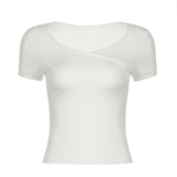 Sense Lace Asymmetrical Solid Color T-Shirt Basic Simple Casual U-Collar Slim Blouse 2024 Summer Fashion-Outfit