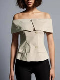 Toloer Socialite Light Ripe Wind Autumn 2024 New One-Line Collar Open Shoulder Splicing Design Slim Suit Jacket-Outfit