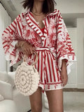 Women's Home Shorts Print Cardigan Nine-Sleeve Loose Bat Sleeve Shirt