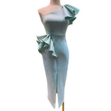 Sexy Dress For Women Ruffles High Waist Diagonal Colalr Sleeveless Ruched Plus Size Split Long Dresses Female