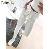 Women Fashion Casual OL Pencil Pants Bow Tie Drawstring Sweet Elastic Waist Pockets Casual Trousers Slim Strip