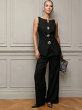 Women's Fashion Gold Buttoned Vest Trousers Two-Piece Casual Suit