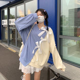 Deeptown Cotton Patchwork Hoodie with Bow Kawaii Long Sleeve Crewneck Sweatshirt Korean Style Fall 2021 Soft Girl Cute Tops