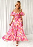 Spring Summer New Temperament Printing Bubble Sleeve High-End Dress