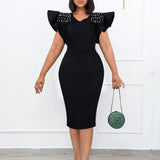 Women's Clothing 2025 New Round-Neck Lotus Leaf Sleeves Open Nail Beads OL Dress Dress Dress