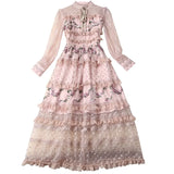 Vintage Cascading Ruffles Flower Dress New Spring Women Sweet Lace Mesh Dot Stand Bow Floral Embroidery Party
