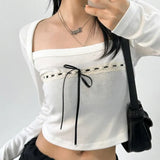 Collar Long Sleeve T-shirts Korean Cute Casual Ribbons Lace-up Bow Top Coquette Style Chic Basics Knitted Tops 2023-Outfit