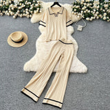 Version Of Retro Fashion Collar Collar Short-Sleeved Knitting Top + High-Waisted Casual Broad-Legged Trousers 2025 Summer