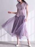 VAREY LIN New Summer Office Lady Two Piece Skirt Set Women V Neck Sleeveless Y2K Sets Top+high Waist A-line Pleated