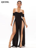 Off The Shoulder One Piece Overalls for Women Slash Neck Backless Wide Leg Jumpsuit Elegant Double High Split