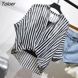 Two Piece Chiffon Shirt Women Summer Half Sleeve Loose V-Neck Casual Blouse Women Sexy Loose Striped Shirts Tops