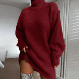 Turtleneck Sweater Dresses Autumn Solid Loose Knitted Dress Elegant Long Sleeve Oversized Winter Female Mini Sweater