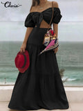 Women 2pcs Sets 2022 Summer Holiday Short Puff Sleeve Short Tops and Stitching Pleats Long Skirts Suits Sexy Dress