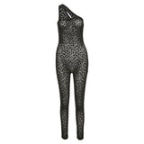 Leopard Print Mesh Skinny Jumpsuit Women One Shoulder Sleeveless Patchwork Fitness Party Activewear Basic Wild Female