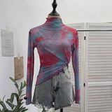 Picts Single-Layer Mesh Yarn Micro-Sleeved T-Shirt Word Shoulder-Pollid Letter Open Fork Top