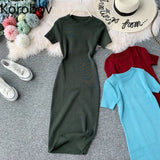 2022 New Short Sleeve Solid Vintage Women Dress Korean Knit Stretch Waist Elegant Dresses O Neck Bodycon Vestidos