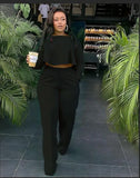 Back Long Fashion Pleated Blouse And Pants Solid Color Wide Leg Two-piece