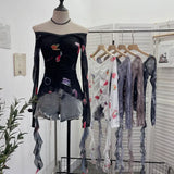 Real Shot One-×Ö Collared Shoulder Long-Sleeved Mesh Printing Top Irregularly Folded Lotus Leaves With Short T-Shirt