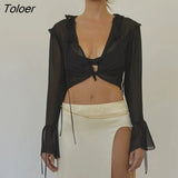V Neck See Through Drawstring T Shirt Women Solid Long Sleeve Elegant Female Cardigan Sexy Slim Lace Up Black