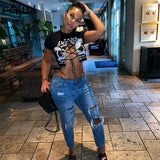 Print Streetwear Summer Bodycon Graphics T Shirts Women O Neck Short Sleeve Crop Top 2022 Hollow Out Loose T Shirt