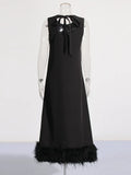 Spring 2025 New Fashion Temperament Round Neckless Loose Loose Solid Color Feather Splicing Design Long