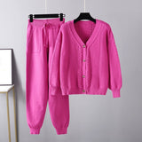Winter Fashion Knitted Two Pieces Suits V Neck Button Loose Cardigan+Pocket Drawstring Long Pant Women Sweater