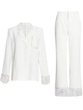 Patchwork Feathers Two Piece Set Womens V Neck Long Sleeve Tops High Waist Wide Leg Pants Solid Sets Female