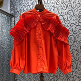 Casual Loose Solid Patchwork Ruffle Shirt Female Long Sleeve Korean Fashion Blouse For Women Autumn 2021 New