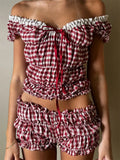 Women Summer 2pcs Outfits Short Sleeve Ruched V-neck Off Shoulder T-shirts Tops Solid Color/Plaid Print Shorts 2024-Outfit