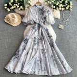 Retro-Print Collar Bubble-Sleeved Dress Women's Summer Straps To The Waists To Show A Thin Swollen