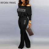 Women Casual Long Sleeves Slash Neck Drawstring Letter Pattern Skinny Pants Sets-Outfit
