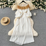Retro Court Style Heavyweight Embroidered Long Hundred Folds Bubble Bubble Sleeve Dress Female 100