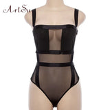Mesh See-Through Women Sexy Bodysuit Streetwear Patchwork Backless Strap Black Bodycon Female Body Romper New