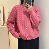Version Of Retro Twist Round Neck Knitted Cardigan Women's New Lazy Gentle Style Simple Soft Waxy Sweater Jacket-Outfit